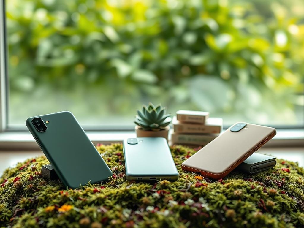 A cluster of sleek, eco-friendly smartphones in a minimalist, nature-inspired setting. In the foreground, three devices in muted, sustainable hues of green, blue, and brown rest on a bed of moss and wildflowers. Diffused natural light filters through a window, casting soft shadows and highlighting the devices' organic, renewable materials - bamboo, flax, and recycled plastic. In the middle ground, a potted succulent and a stack of biodegradable packaging provide context. The background features a blurred, lush green foliage, conveying a sense of harmony between technology and the natural world. The overall mood is one of refined simplicity, innovation, and environmental consciousness.