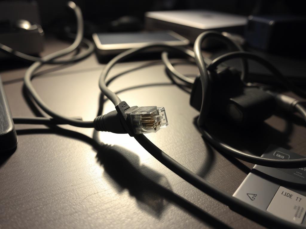 a cluttered computer desk with an ethernet cable twisted and tangled, signifying connectivity issues. the cable's end is partially disconnected from the network port, casting a subtle shadow across the desk's surface. the lighting is slightly hazy, creating a sense of frustration and uncertainty. the desk is adorned with various electronic devices, creating a technical, problem-solving atmosphere. the overall composition conveys the challenges of troubleshooting ethernet connection problems on a personal computer.