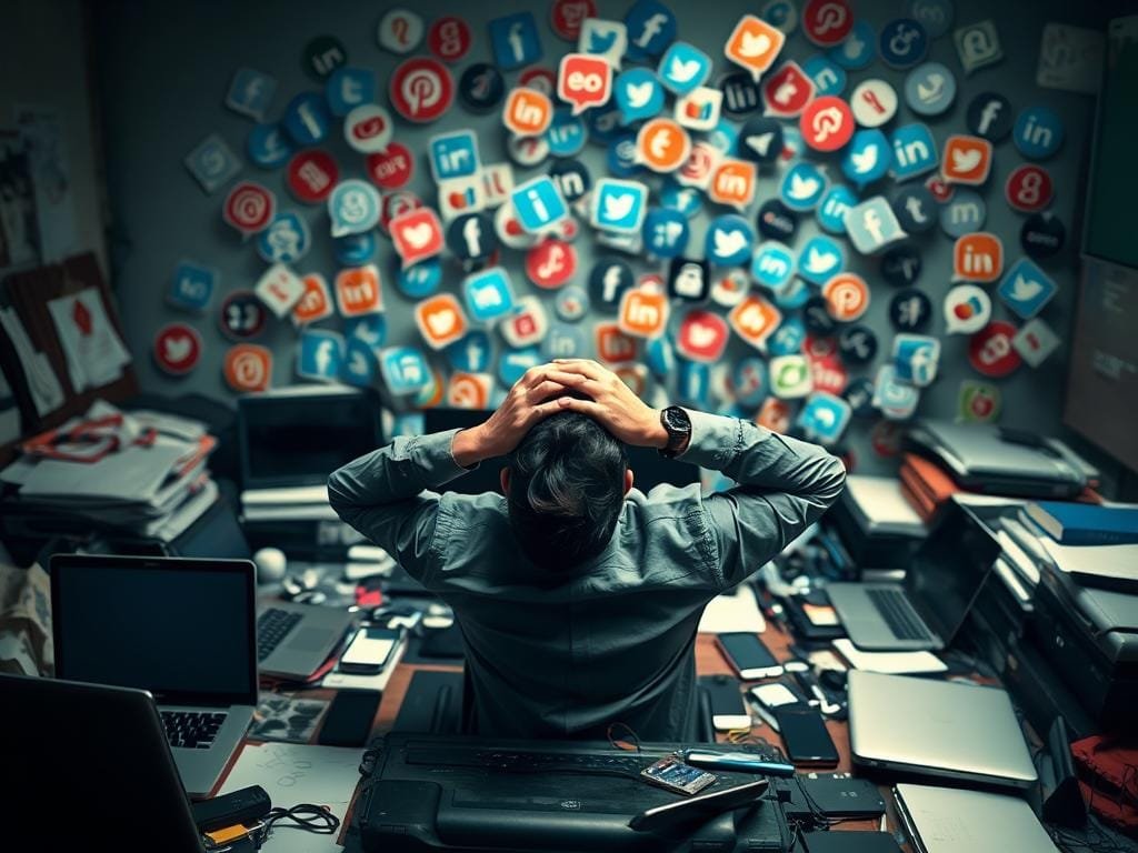 A cluttered desk, scattered with laptops, phones, and social media icons, reflecting the overwhelming nature of managing multiple platforms. In the foreground, a person appears stressed, hands on their head, amid a swirling vortex of social media logos and notifications. The background is dimly lit, with a sense of unease and tension, symbolizing the challenges of maintaining a consistent online presence. A soft, warm light illuminates the scene, creating a sense of intensity and focus. The image conveys the struggle to balance the demands of social media management while maintaining a sense of control and organization.
