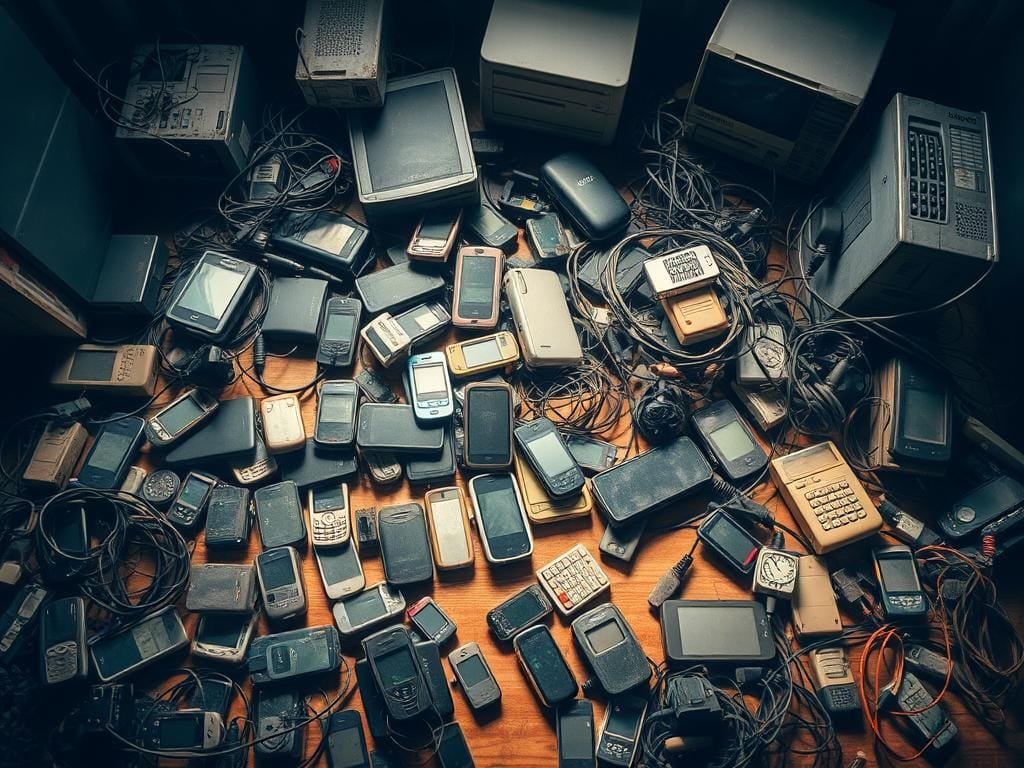 A cluttered tabletop strewn with an array of outdated electronics - discarded cell phones, bulky desktop computers, tangled cables, and obsolete devices. The items are bathed in a warm, nostalgic light, casting soft shadows that accentuate their aged and weathered textures. The overall scene conveys a sense of melancholy and the inevitable passage of time, underscoring the need to breathe new life into these once-prized possessions. The image serves as a poignant reminder of the importance of upcycling and repurposing technology to reduce waste and environmental impact.