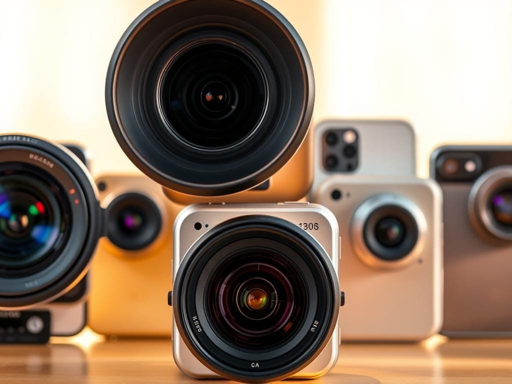A collage of flagship smartphone cameras displayed side-by-side, capturing the latest advancements in mobile photography. In the foreground, the camera lenses are highlighted with realistic detail, showcasing their advanced hardware and intricate designs. The middle ground features the smartphones themselves, positioned at dynamic angles to showcase their sleek and premium aesthetics. The background blurs gently, creating a sense of depth and focus on the camera comparisons. Warm, natural lighting illuminates the scene, accentuating the textures and colors of the devices. The overall mood is one of technical sophistication and visual clarity, perfectly suited to illustrate the ultimate smartphone camera showdown.
