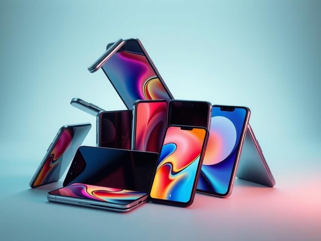 A collection of foldable smartphones arranged in a dynamic composition, showcasing their unique hinge mechanisms and transformative capabilities. The devices are displayed in various states of folding and unfolding, capturing the essence of their innovative design. Soft, directional lighting illuminates the phones, accentuating their sleek, metallic exteriors and vibrant, high-resolution displays. The scene is set against a minimalist, slightly futuristic background, allowing the foldable phones to take center stage and illustrate the rise of this emerging technology.