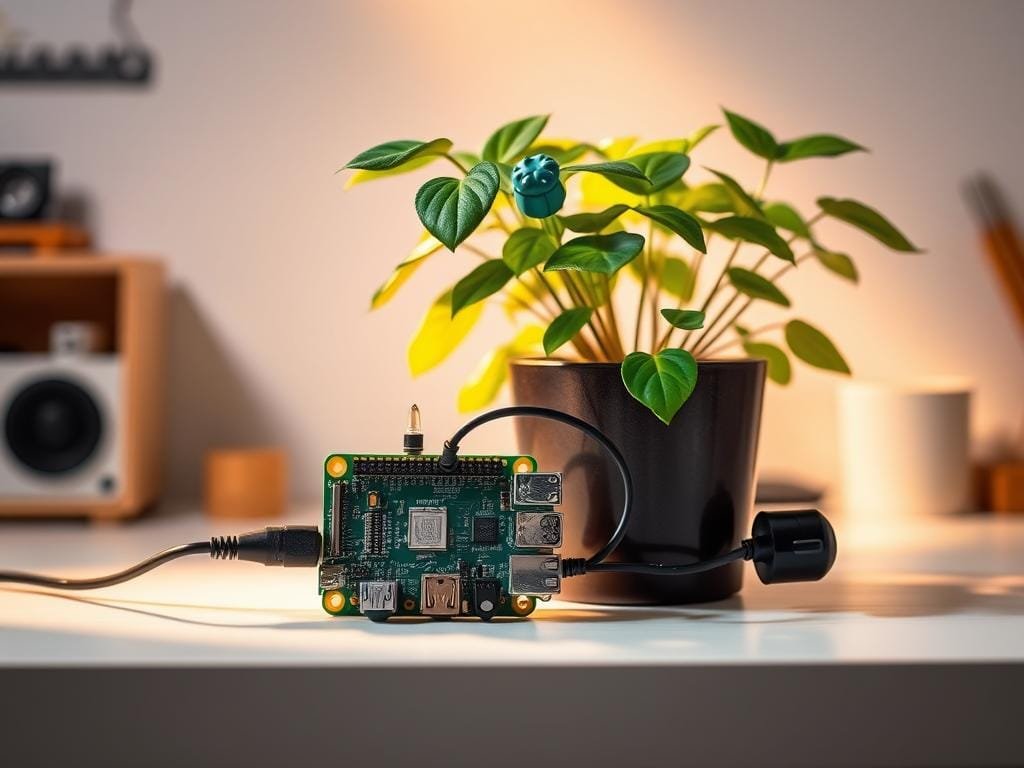 A compact and self-contained Raspberry Pi-powered automated plant watering system. In the foreground, a Raspberry Pi board connected to a water pump and soil moisture sensor. The middle ground shows a potted plant with lush green foliage. Dramatic side lighting illuminates the setup, casting warm shadows and highlights. The background features a clean, minimalist workspace with hints of industrial decor. The overall mood is one of efficient, modern technology seamlessly integrated with nature. The composition emphasizes the compact, elegant design of the system, inviting the viewer to imagine its practical application in a home or office setting.