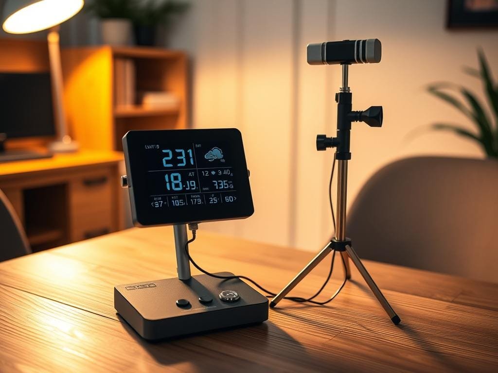 A compact, cost-effective weather station situated on a wooden table against a backdrop of a cozy home office. The station features a sleek, minimalist design with a digital display showing real-time meteorological data, including temperature, humidity, wind speed, and barometric pressure. Soft, warm lighting illuminates the scene, creating a inviting atmosphere. The station's sensors are discreetly mounted on a sturdy tripod, blending seamlessly with the surrounding decor. This setup showcases how a personalized weather monitoring system can be built affordably to enhance the hobby of aspiring meteorologists.