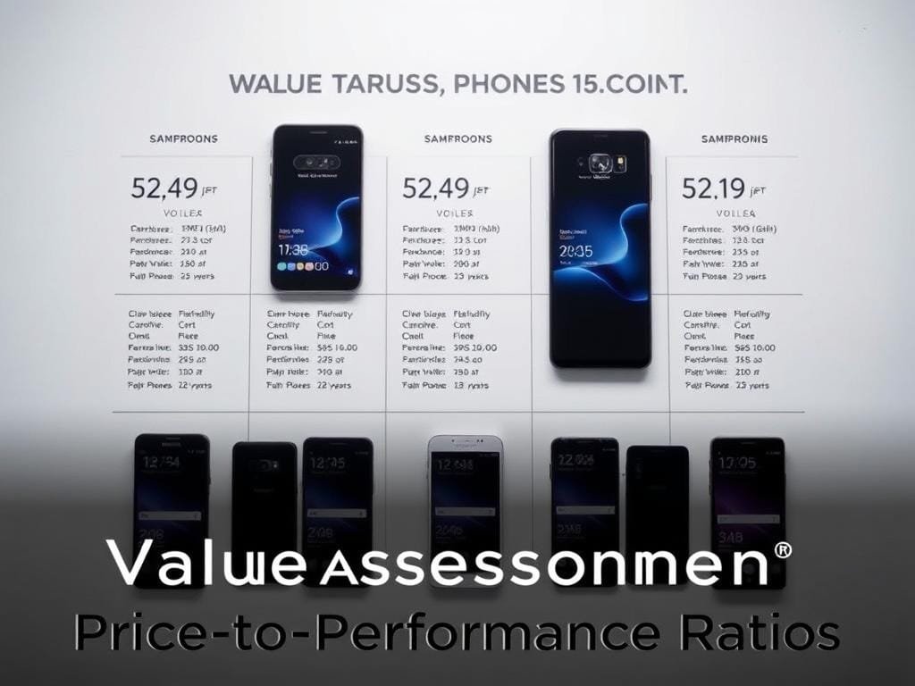 A comparison grid of modern flagship smartphones displayed against a clean, minimalist backdrop. The devices are arranged in a grid format, showcasing their key specifications and pricing information in a clear, easy-to-digest manner. The lighting is soft and diffused, creating a professional, editorial feel. The angle is slightly elevated, giving a birds-eye view of the layout. The color palette is muted, with a focus on neutral tones that complement the technological subject matter. An atmosphere of thoughtful analysis and considered decision-making permeates the scene, reflecting the "Value Assessment: Price-to-Performance Ratio" theme.