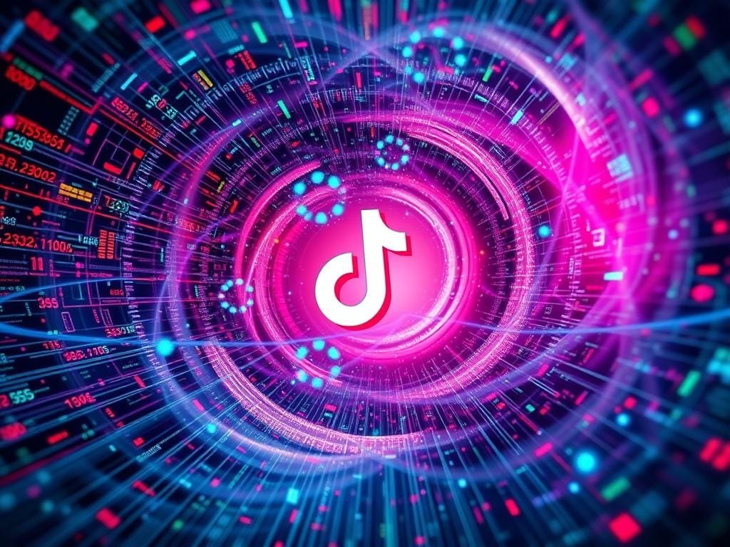 A complex, swirling vortex of algorithms and data streams, the TikTok algorithm takes center stage. In the foreground, a mesmerizing array of numbers, symbols, and lines converge, representing the intricate calculations powering the platform's recommendation engine. Floating amidst this digital maelstrom, snippets of viral videos, trending music, and user engagement metrics hint at the algorithm's inner workings. In the middle ground, a stylized representation of the TikTok logo emerges, its familiar design seemingly pulled apart and reassembled, symbolizing the platform's constant evolution. The background is a kaleidoscopic blend of vibrant colors, pulsing with the rhythmic energy of the algorithm's perpetual dance. Dramatic, high-contrast lighting casts dramatic shadows, evoking a sense of the algorithm's powerful, yet mysterious nature.