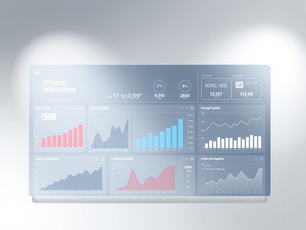 A contemporary data visualization dashboard showcasing key video marketing metrics, presented against a sleek, minimalist backdrop. In the foreground, a series of clean, well-organized graphs and charts illustrate crucial insights such as view count, engagement rates, conversion funnels, and audience demographics. The middle ground features subtle, holographic-style UI elements, conveying a sense of technological sophistication. The background is dominated by a soft, gradient-based color scheme, creating a professional, enterprise-level aesthetic. Lighting is crisp and directional, with strategic highlights accentuating the data visualizations. The overall composition strikes a balance between form and function, seamlessly blending aesthetic appeal with analytical clarity.
