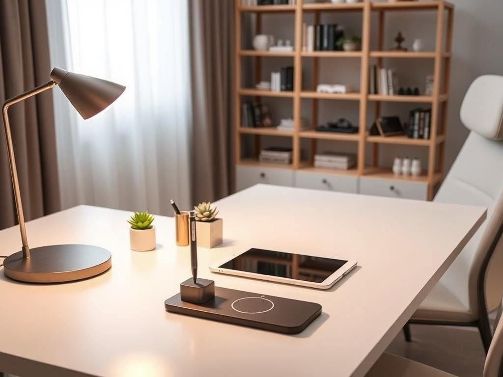 A cozy and inviting home office setup, featuring a sleek desk with clean lines, a comfortable ergonomic chair, and a selection of practical yet stylish accessories. In the foreground, a modern desk lamp casts a warm glow, illuminating the workspace. On the desk, a minimalist pen holder, a small succulent plant, and a wireless charging pad for effortless device charging. In the middle ground, a tablet or laptop computer rests on the desk, ready for productivity. The background showcases a simple, yet elegant bookshelf, filled with a curated collection of books and trinkets, creating a sense of sophistication and organization. The overall scene conveys a harmonious balance of form and function, reflecting the "Make Daily Routines Easier" theme.