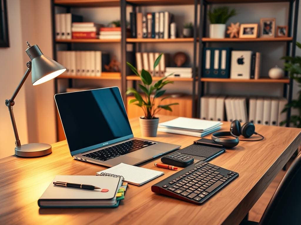 A cozy home office with an array of sleek, modern productivity tools neatly arranged on a minimalist wooden desk. Warm, diffused lighting casts a soft glow, creating a serene, focused atmosphere. In the foreground, a state-of-the-art laptop, wireless mouse, and ergonomic keyboard sit alongside a stylish planner, colorful sticky notes, and a vintage-inspired desk lamp. In the middle ground, a potted plant and a pair of noise-cancelling headphones suggest a balanced approach to work. The background features shelves filled with neatly organized books, files, and decorative accents, reflecting a sense of organization and efficiency.