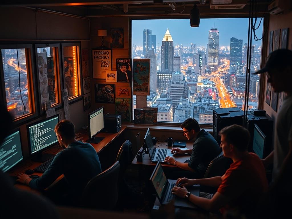 A cozy indie game development studio nestled in a vibrant city, its windows glowing with the warm glow of computer screens. In the foreground, a team of passionate developers hunched over their desks, lines of code dancing across their monitors. In the middle ground, shelves brimming with retro gaming memorabilia, inspirational posters, and prototype controllers. The background reveals a bustling urban landscape, hinting at the broader creative ecosystem that nourishes these hidden gems. Soft, diffused lighting casts a sense of focus and determination, while subtle camera angles convey the intimacy and dedication of the indie game development process.