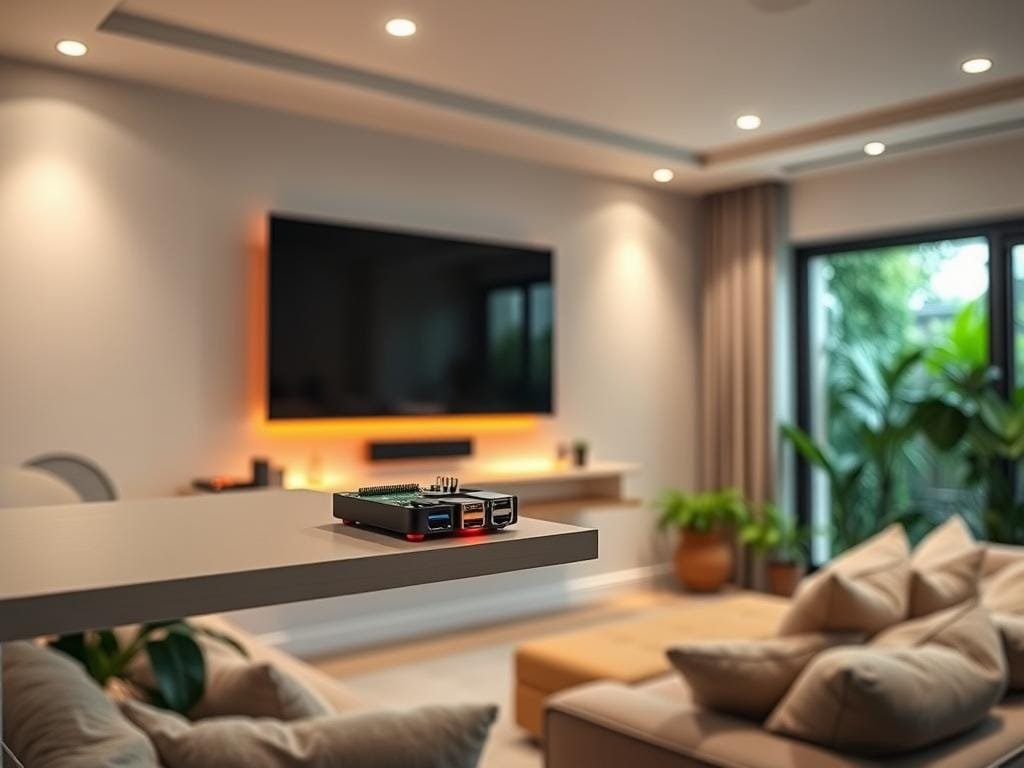 A cozy media room with a sleek Raspberry Pi device prominently displayed on a floating shelf. The Pi's glowing power indicator casts a warm glow, complementing the ambient lighting from a large flat-screen TV mounted on the wall. The room is filled with plush seating and plants, creating a comfortable and inviting atmosphere for movie nights and media streaming. Soft, diffused lighting from recessed ceiling fixtures illuminates the space, while a large window overlooking a lush garden provides natural light. The overall vibe is one of modern, minimalist design blended with homey, relaxing elements.