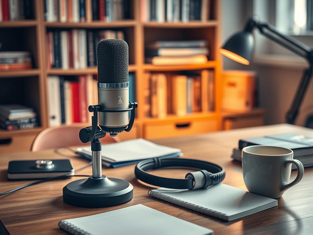 a cozy office setting with a vintage microphone and headphones on a wooden desk, surrounded by a minimalist array of marketing-related objects such as a notebook, a smartphone, and a cup of coffee. the lighting is warm and inviting, creating a comfortable atmosphere for a focused podcasting session. in the background, a bookshelf showcases a collection of marketing and business books, hinting at the host's expertise. the overall scene evokes a sense of productivity, creativity, and a passion for sharing knowledge through the medium of podcasting.