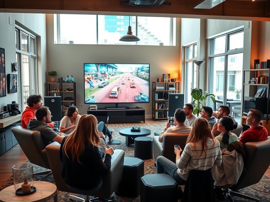 A cozy, well-lit gaming community space, with a group of friends gathered around a large, sleek gaming setup. In the foreground, a group of diverse individuals, ages, and genders, engaged in friendly banter and laughter as they take turns playing a fast-paced, visually stunning video game projected on a massive screen. The middle ground features comfortable gaming chairs, a snack and drink station, and shelves displaying a collection of gaming memorabilia and consoles. The background showcases a modern, open-concept design with large windows, allowing natural light to flood the space and create a warm, inviting atmosphere. The overall mood is one of camaraderie, balance, and the joy of shared gaming experiences.