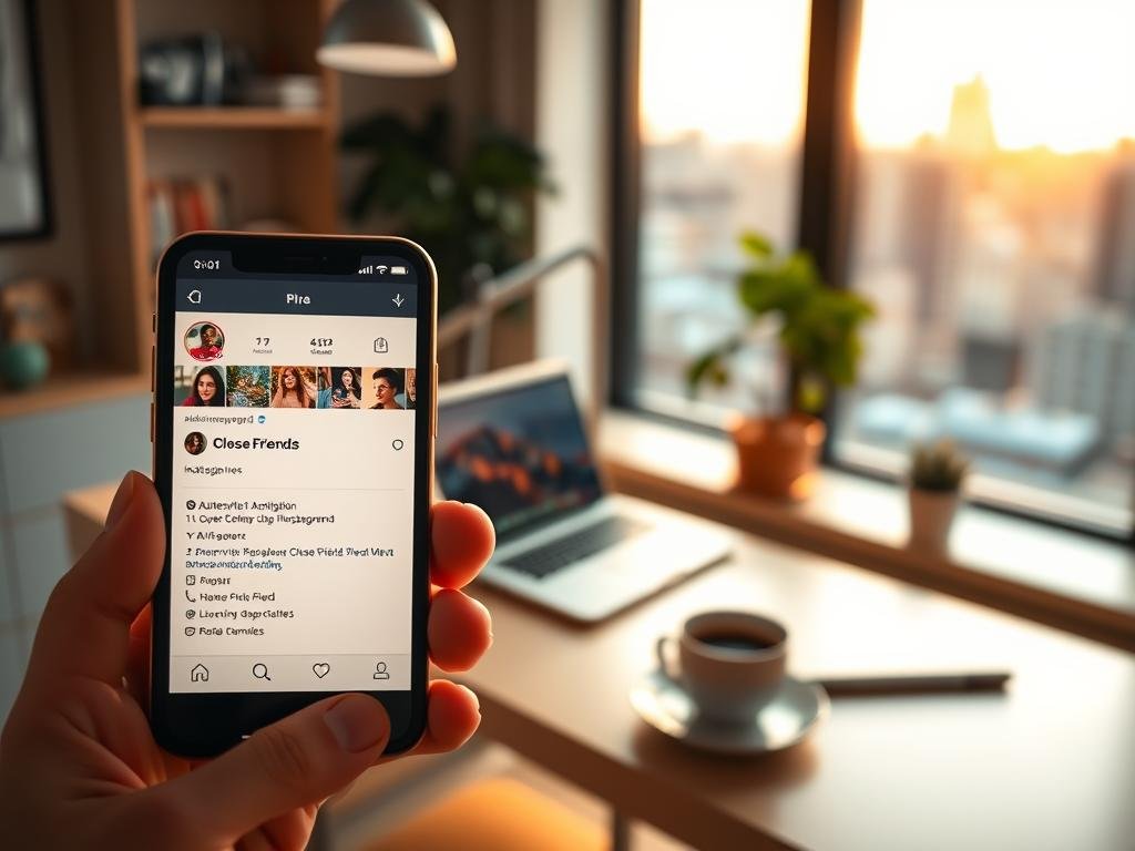 A cozy, well-lit home office setting with a modern, minimalist aesthetic. In the foreground, a smartphone is prominently displayed, showcasing the Instagram "Close Friends" feature on its screen. The middle ground features a desk with a laptop, a cup of coffee, and a plant, all bathed in warm, diffused lighting. The background is slightly blurred, revealing a large window overlooking a cityscape at golden hour, creating a serene and inviting atmosphere. The overall mood is one of productivity, personal connection, and a sense of exclusivity and intimacy associated with the Close Friends feature.