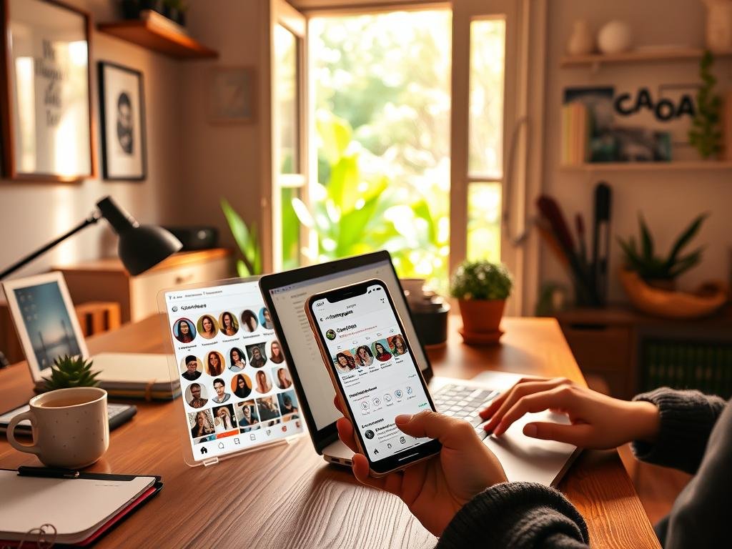 A cozy, well-lit home office with a wooden desk, a laptop, and a smartphone. On the desk, various productivity items like a planner, a cup of coffee, and a succulent plant. The walls are adorned with inspirational artwork and shelves holding books and small trinkets. The lighting is warm and inviting, creating a serene and focused atmosphere. In the foreground, the smartphone screen displays the Instagram "Close Friends" list interface, with a group of carefully curated profile pictures of the user's closest friends. The middle ground features a person's hands typing on the laptop, planning and strategizing their Close Friends content. The background showcases a window overlooking a lush, vibrant garden, symbolizing the growth and nurturing of one's Instagram community.