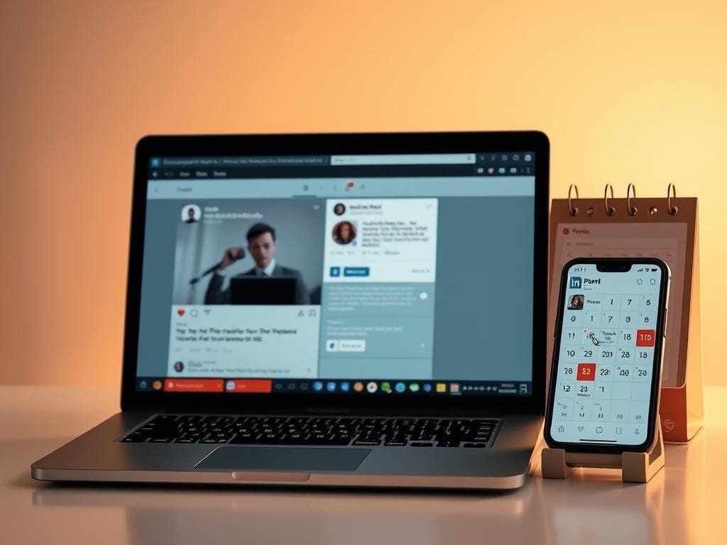 A crisp, professional-looking desktop scene with a laptop, phone, and calendar prominently displayed. The laptop screen shows a LinkedIn posting interface, with the cursor hovering over the "Post" button. The phone displays a LinkedIn feed, and the calendar highlights the optimal time slots for posting. Warm, indirect lighting creates a calm, focused atmosphere. The overall composition conveys a sense of strategic timing and efficiency for LinkedIn content creation.