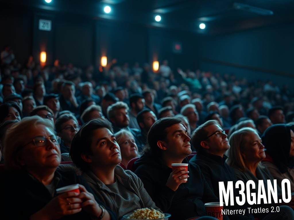 A crowded movie theater, the audience buzzing with anticipation for the highly anticipated sequel to the hit horror-thriller "M3GAN". In the dimly lit auditorium, faces are illuminated by the glow of the screen, expressions ranging from eager excitement to skeptical curiosity. The middle rows are packed, moviegoers settling into their seats, popcorn and drinks in hand. In the foreground, a row of people lean forward, engrossed, their eyes fixed on the screen. The atmosphere is tense, electric, a mix of suspense and anticipation as the movie unfolds. Overhead, the lighting is cinematic, creating dramatic shadows and highlights that accentuate the audience's reactions. The scene captures the shared experience of a captivated crowd, eagerly awaiting the fate of the iconic android in M3GAN 2.0.