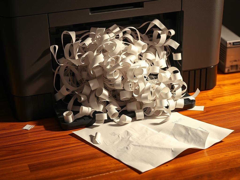 A crumpled sheet of white printer paper lies on a wooden desktop, partially obscured by a tangle of paper jams spilling out from an office printer. The printer's front panel is open, revealing a complex maze of rollers, gears, and sensors. Warm, focused lighting illuminates the scene, casting dramatic shadows and highlights that emphasize the intricate mechanical details. The overall atmosphere conveys a sense of frustration and disarray, reflecting the common challenge of dealing with a paper jam in a home office environment.