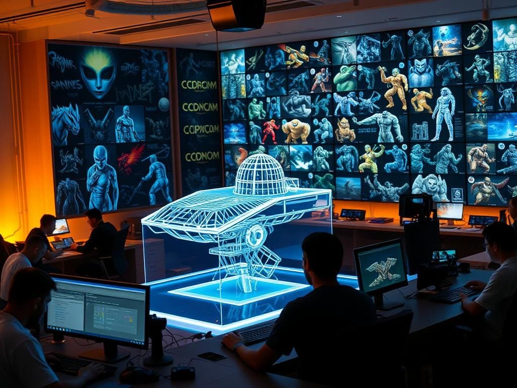 A cutting-edge game design studio, Capcom's workspace is a fusion of cutting-edge technology and artistic expression. In the foreground, developers huddle around sleek workstations, their fingers dancing across keyboards as they craft the next generation of immersive gaming experiences. The middle ground features a large, holographic display showcasing a detailed 3D model of a highly anticipated title, the luminous lines and surfaces hinting at the level of detail and innovation to come. In the background, a sprawling wall-mounted display presents a kaleidoscope of concept art, design sketches, and storyboards, revealing the creative vision that drives Capcom's renowned game development. Warm, ambient lighting and a sense of focused energy permeate the scene, capturing the essence of Capcom's cutting-edge game design prowess.