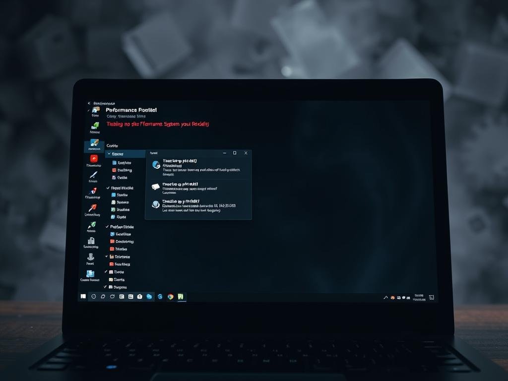 a dark, gloomy laptop screen displaying various error messages and performance-related icons, signifying the frustration of a user dealing with a slow and unresponsive system. in the foreground, a mouse cursor hovers over a system tray, indicating the user's attempt to troubleshoot the issue. the middle ground features a shadowy, distorted representation of the laptop's internals, hinting at potential malware or virus infiltration. the background is a hazy, ominous atmosphere, evoking a sense of unease and the urgency to resolve the problem.
