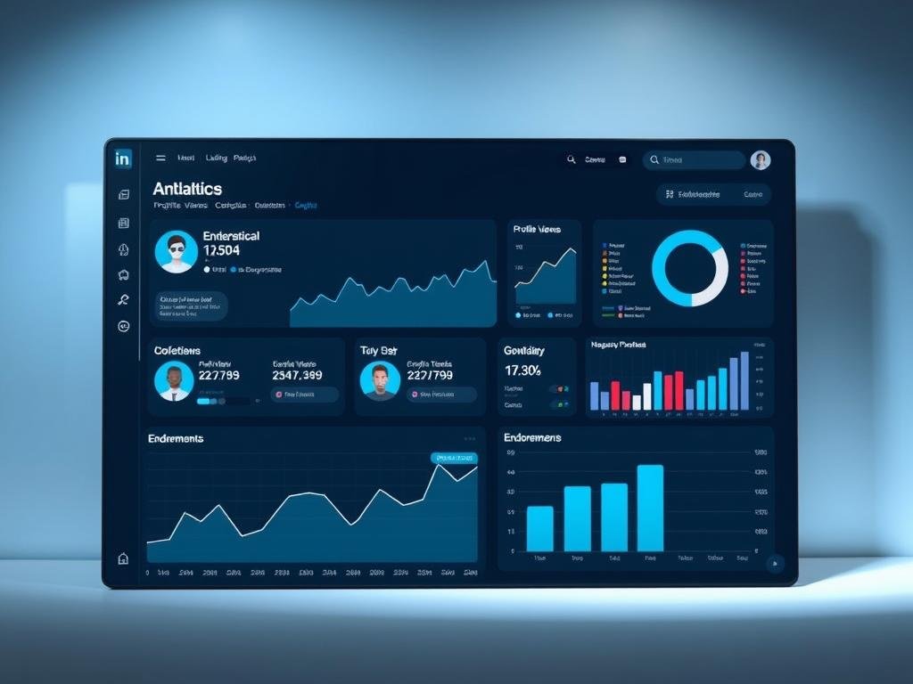 A data-driven dashboard showcasing insightful LinkedIn profile analytics. A sleek, minimalist interface with clean lines and a soothing color palette. The foreground features a central graph displaying user engagement metrics like profile views, connections, and endorsements. The middle ground includes interactive data visualizations highlighting growth trends and industry benchmarks. The background depicts a subtle geometric pattern evoking the professional network's brand identity. Soft, directional lighting creates depth and emphasizes the analytical information. The overall mood is one of utility, sophistication, and data-driven decision making.