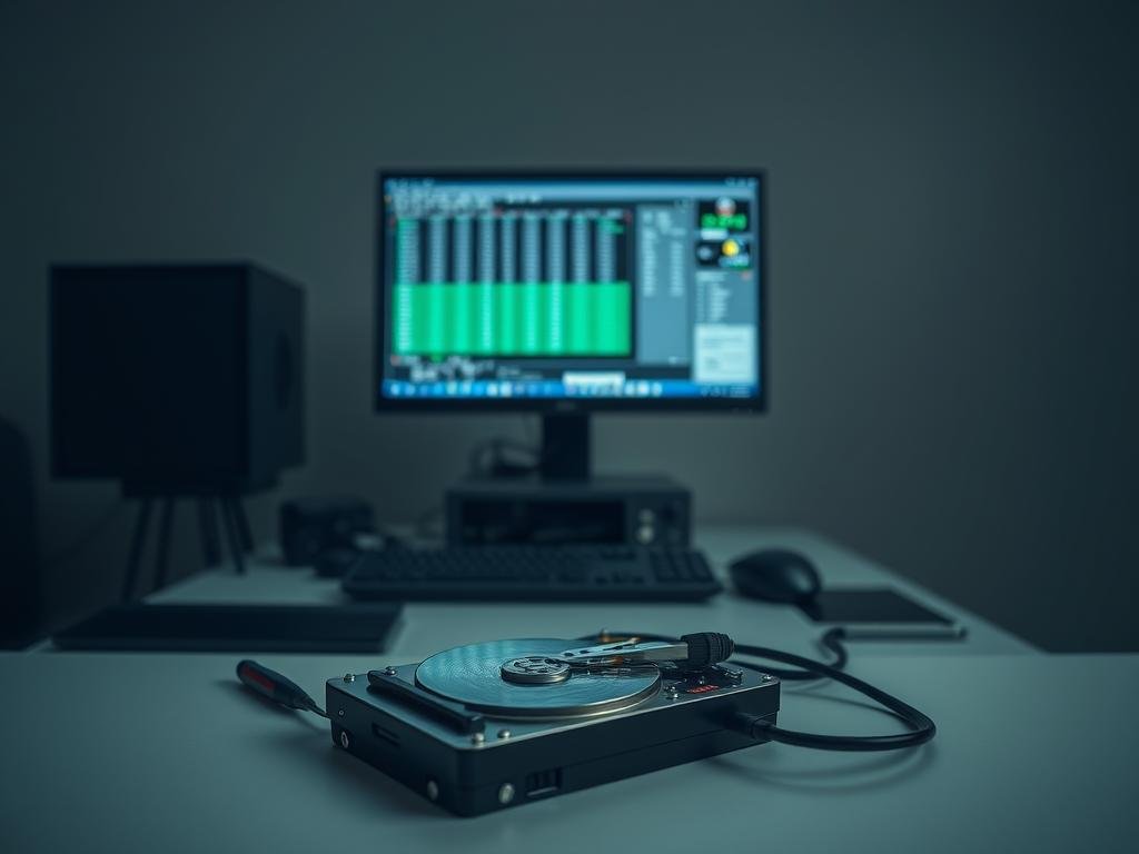 a data recovery workstation set against a dimly lit, minimalist backdrop. in the foreground, a hard drive rests on an ergonomic desk, surrounded by specialized tools and cables. the middle ground features a computer monitor displaying diagnostic software, providing a visual representation of the data recovery process. soft, indirect lighting creates a focused, professional atmosphere, conveying the seriousness and importance of the task at hand. the overall scene exudes a sense of precision, care, and technical expertise, reflecting the delicate nature of data recovery.