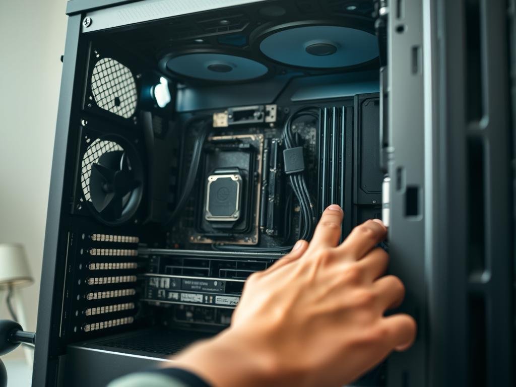 a desktop computer being carefully reassembled, with the user's hands delicately placing internal components back into the open chassis. the lighting is soft and natural, highlighting the intricate details of the hardware. the camera angle is close-up, focusing on the precise movements and attention to detail as the user methodically rebuilds the system. the atmosphere is one of focused concentration, with a sense of accomplishment and satisfaction as the task nears completion, ready to power on the device and ensure it is functioning properly. the overall mood is calm, precise, and technical.