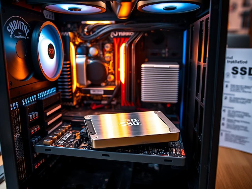 a desktop computer with its case open, revealing the internal components. in the foreground, a shiny new solid-state drive (ssd) is being carefully installed into an available drive bay, the sleek, slim form of the ssd contrasting with the bulkier hard disk drives. bright led lights illuminate the workspace, casting a warm glow on the intricate circuit boards and heatsinks. the middle ground showcases the neatly organized cables, the power supply, and the motherboard, all working together to power the system. in the background, a technical manual or installation guide is visible, providing step-by-step instructions for the ssd upgrade process. the overall scene conveys a sense of precision, focus, and the satisfaction of a successful diy computer upgrade.