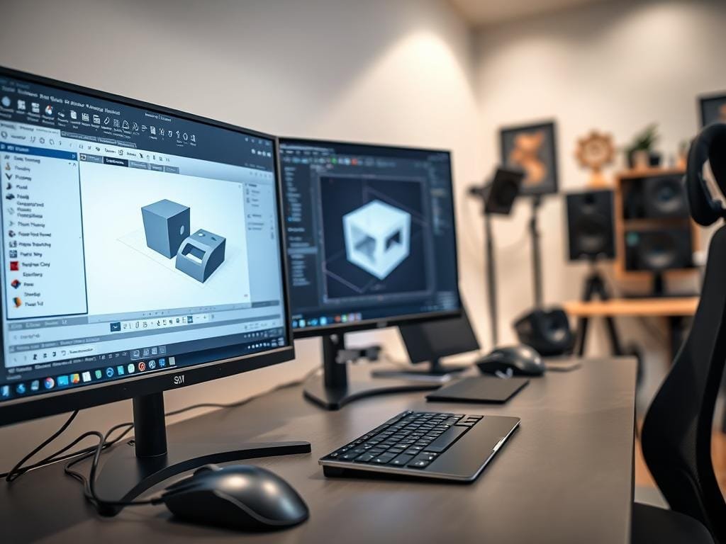 A detailed 3D modeling workspace with an advanced software interface displayed on a high-resolution computer monitor. The screen shows a complex 3D model of a household object being manipulated with various modeling tools. In the foreground, a professional-grade mouse and keyboard are visible, ready for precise design input. The middle ground features an ergonomic desk setup with a modern, minimalist aesthetic. The background has soft, indirect lighting creating a focused, productive atmosphere, with hints of technical equipment and studio decor visible.