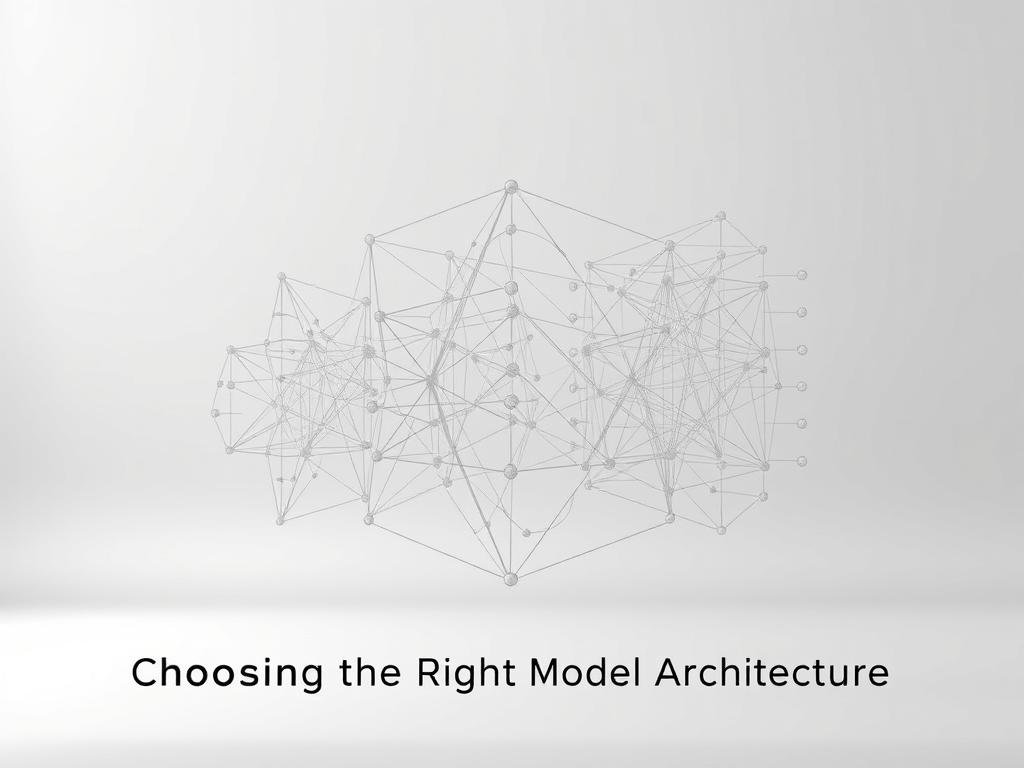 A detailed architectural diagram of a deep neural network, displayed against a clean, minimalist background. The network structure is elegantly showcased, with interconnected layers of neurons and synaptic connections, rendered in a precise, technical style. Diffused lighting creates a sense of depth and dimensionality, while a neutral color palette of grays, whites, and subtle blues conveys a professional, academic tone. The overall composition highlights the network's complexity and strategic design, suitable for illustrating the "Choosing the Right Model Architecture" section of the article.