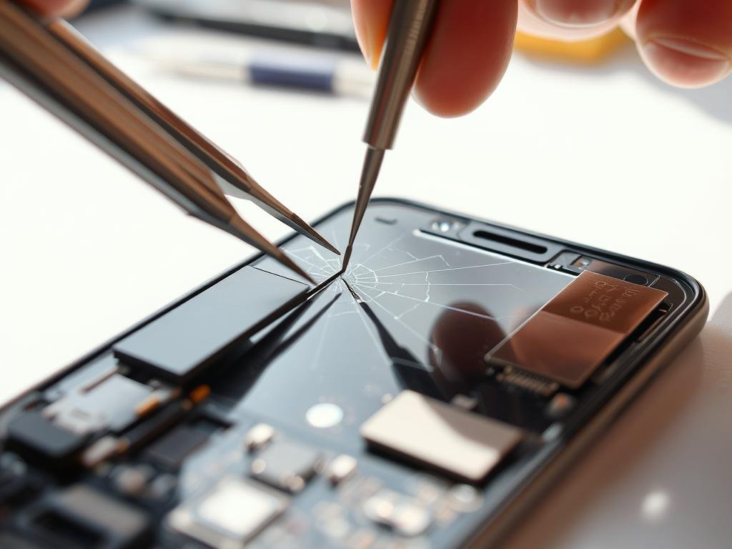 a detailed close-up of a smartphone screen undergoing a repair process. the cracked glass panel is carefully being removed, revealing the delicate internal components. precise tools and tweezers are used to handle the fragile display assembly. bright, diffused natural lighting illuminates the scene, casting soft shadows and highlights on the exposed circuits. the workspace is organized, with replacement parts and repair supplies neatly arranged, conveying a methodical, step-by-step approach to the repair. the overall mood is one of focus, precision, and a sense of accomplishment in fixing a damaged device.