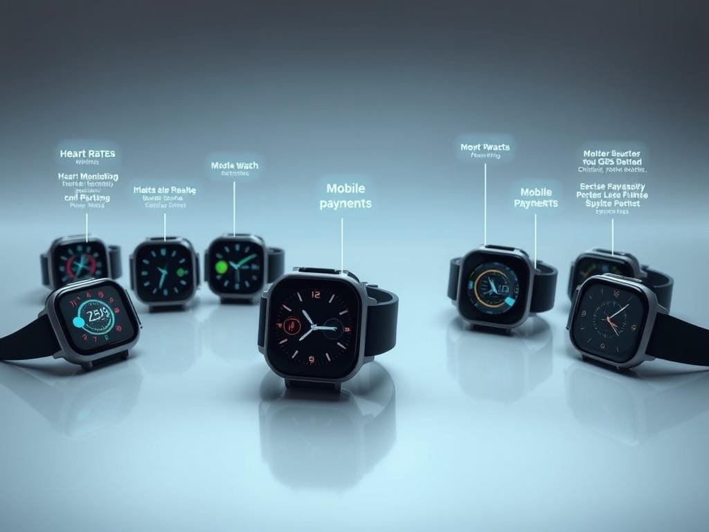 A detailed comparison of smartwatch features, showcased in a clean, minimalist layout. The foreground displays various smartwatch models laid out neatly, each highlighted with a glowing holographic interface displaying key functions like heart rate monitoring, GPS tracking, and mobile payments. The middle ground features a sleek, reflective table surface, creating a sense of depth and high-tech elegance. The background is a soft, gradient-based environment, lending a sophisticated, futuristic ambiance. Crisp lighting from multiple angles emphasizes the sharp, angular design of the smartwatches, captured through a wide-angle lens for a comprehensive overview. The overall mood is one of technological sophistication and the promise of advanced wearable capabilities.