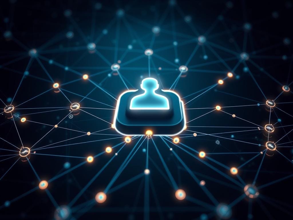 A detailed, complex blockchain network diagram with a central digital identity icon, surrounded by various interlinked nodes and connections. The identity icon is rendered in a sleek, abstract style, glowing softly against a dark, moody background. The blockchain network extends outward, with interconnected nodes and pathways represented by thin, illuminated lines. The overall scene has a futuristic, cyberpunk aesthetic, conveying the challenges and intricacies of implementing a blockchain-based digital identity system.