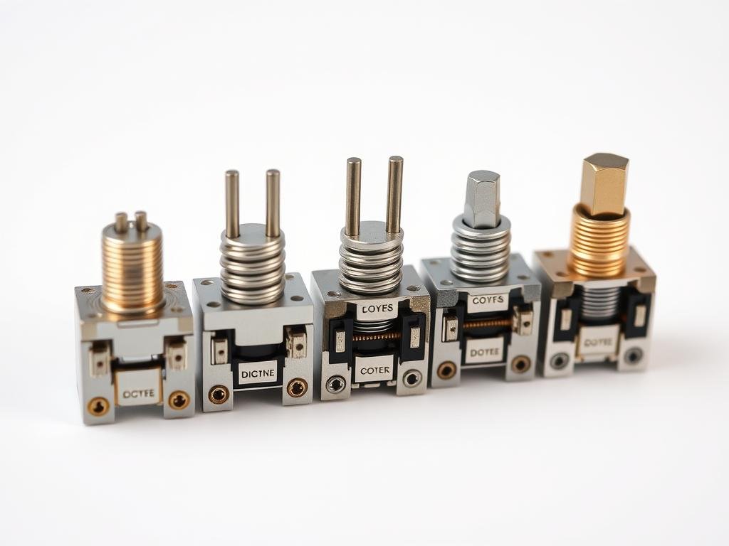 A detailed, cross-sectional view of various mechanical keyboard switch types, showcased against a crisp, white background. The switches are meticulously rendered, with intricate mechanisms and components clearly visible, including the stems, springs, and housings. The lighting is soft and diffused, accentuating the sleek, metallic finishes and transparent elements. The perspective is slightly elevated, allowing for a comprehensive examination of the switch anatomy. The overall mood is one of technical precision and attention to detail, perfectly suited to illustrate the "Dealing with Key Switch Issues" section of the article.