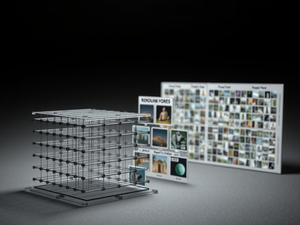 A detailed, cross-sectioned diagram depicting various image classification techniques. In the foreground, a convolutional neural network architecture with clear layers and feature maps. In the middle ground, visualization of support vector machine and random forest models classifying images. In the background, a stylized representation of a dataset with annotated images. Muted, technical color palette with subtle textures. Crisp, technical illustrations with clean lines and minimal clutter to emphasize the key concepts. Dramatic, directional lighting from the top-left to create depth and emphasize the 3D nature of the scene.