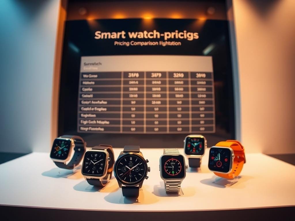 A detailed smartwatch pricing comparison, showcased on a clean, minimalist display. In the foreground, a collection of smartwatches in various styles and colors, their prices prominently displayed. The mid-ground features an elegant graph or chart, highlighting the price ranges and key features of the watches. The background has a soft, blurred gradient, drawing the viewer's attention to the central comparison. Subtle, warm lighting casts a premium, high-tech atmosphere, emphasizing the sophistication of the wearable technology. Captured with a wide-angle lens to encompass the entire display, the image conveys a sense of balance and professionalism suited for an informative article.