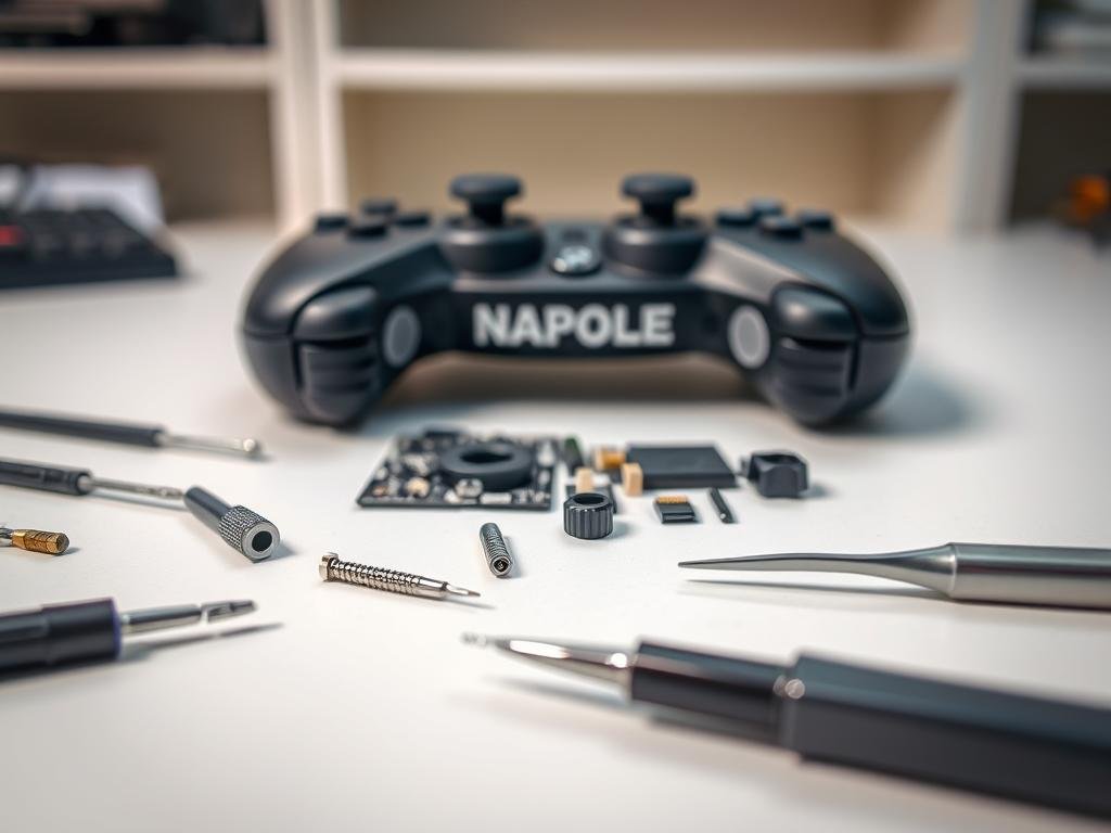 a detailed still life composition showcasing a collection of tools for repairing gamepad stick drift. in the foreground, a selection of small screwdrivers, tweezers, and a precision knife lie neatly arranged on a clean, light-colored surface. in the middle ground, the main focus is a disassembled gamepad, its components carefully laid out, revealing the inner mechanisms. soft, directional lighting illuminates the scene, creating subtle shadows and highlights that emphasize the textures and details of the tools and gamepad parts. the background is slightly blurred, but suggests a workspace environment, with neutral-toned walls or shelves providing a clean, minimalist backdrop. the overall mood is one of focus, precision, and technical problem-solving.
