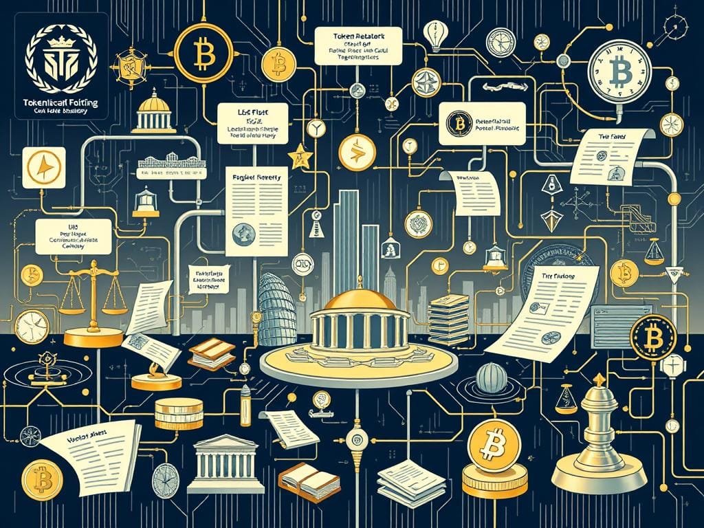 A detailed, technical illustration of tokenization regulations, depicting a complex web of legal frameworks, policies, and guidelines governing the tokenization of real-world assets. The foreground showcases various regulatory bodies, their emblems, and official documents, while the middle ground features a stylized rendering of tokenized assets, such as real estate, commodities, and financial instruments. The background subtly blends futuristic technological elements, like blockchain networks and cryptographic symbols, to convey the intersection of traditional finance and emerging digital economies. The overall mood is one of structure, compliance, and the careful balance between innovation and oversight.