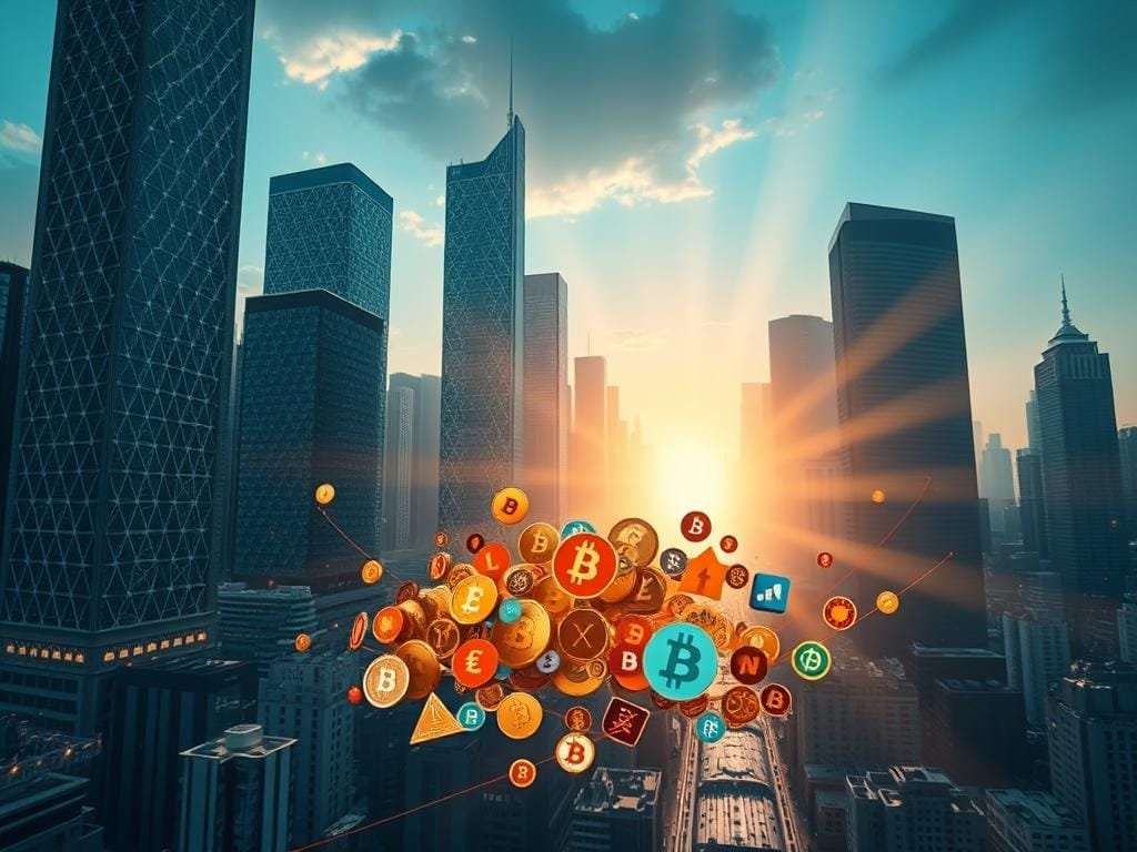 A digital cityscape with towering skyscrapers representing the decentralized web, their facades adorned with intricate blockchain-inspired patterns. In the foreground, a cluster of floating digital tokens in various geometric shapes and colors, each imbued with a sense of value and utility. Rays of soft, golden light filter through the urban landscape, creating a warm, futuristic atmosphere. The scene is captured through a wide-angle lens, emphasizing the scale and interconnectedness of the tokenized digital assets within the emerging Web3 ecosystem.