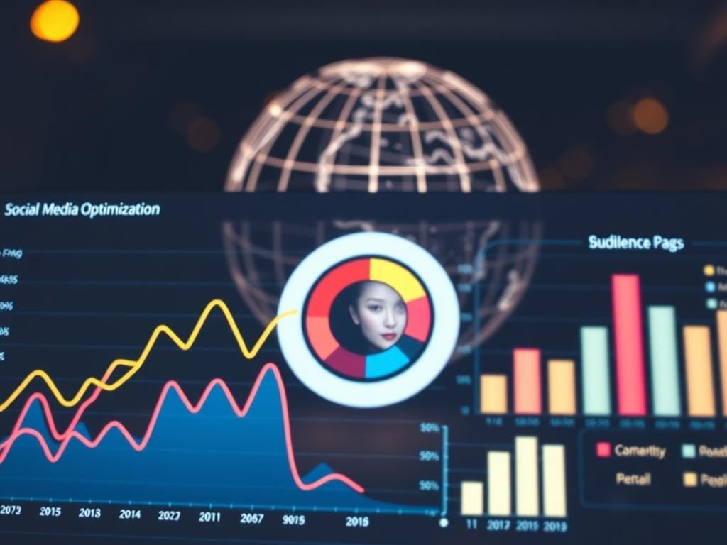A digital dashboard depicting key social media optimization metrics, illuminated by warm, ambient lighting. In the foreground, a line graph showcases engagement trends, while a circular chart in the middle highlights audience demographics. In the background, a wireframe globe symbolizes the global reach of social platforms. The overall composition conveys a sense of data-driven insight and strategic decision-making.