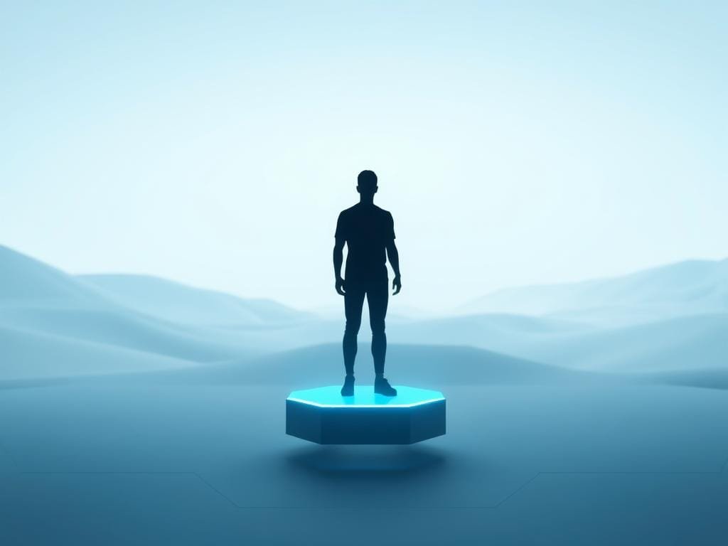 A digital identity system floating in a clean, minimalist environment. In the foreground, a translucent blockchain-inspired hexagonal grid glows with soft blue light, symbolizing the secure, decentralized nature of the technology. In the middle ground, a stylized human figure stands, their silhouette representing the individual in control of their digital identity. The background is a serene, futuristic landscape with gentle gradients and geometric patterns, conveying a sense of harmony and progress. The lighting is soft and diffused, creating a calming, ethereal atmosphere. The overall composition suggests the advantages of blockchain-based digital identities - privacy, security, and user empowerment.