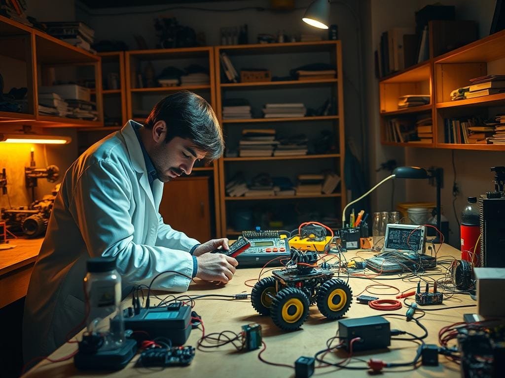 A dimly lit DIY robotics workshop, with an engineer in a white lab coat hunched over a workbench, surrounded by various electronic components, wires, and tools. The engineer is using a multimeter to troubleshoot a partially assembled robot on the workbench, with a look of concentration on their face. In the background, shelves line the walls, holding more electronic parts, reference books, and a few unfinished robot projects. Warm, golden task lighting illuminates the scene, casting shadows and highlighting the intricate details of the workspace. The atmosphere is one of focused problem-solving, with a touch of scientific curiosity.