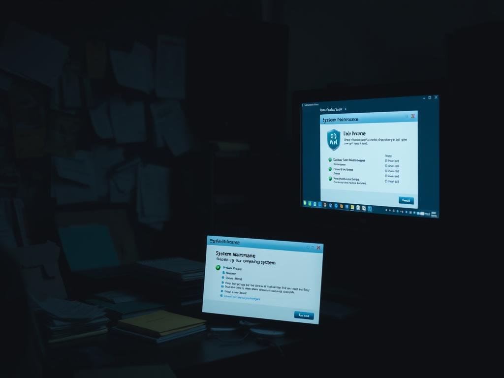 A dimly lit, cluttered desktop with various files, folders, and icons strewn about haphazardly. In the foreground, a computer monitor displays a system maintenance window, highlighting the need to clean up the operating system. The background is slightly blurred, emphasizing the focus on the screen. Soft, directional lighting from the side casts subtle shadows, adding depth and dimension to the scene. The overall atmosphere conveys a sense of disorganization and the need for a thorough system cleanup to optimize performance.