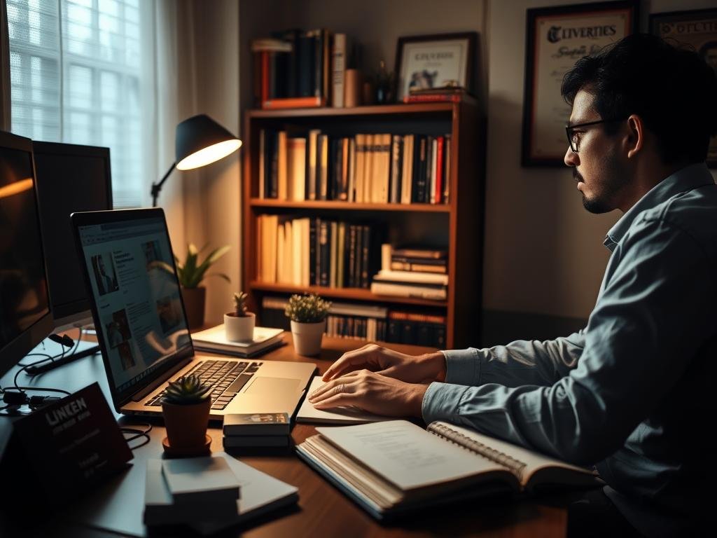 a dimly lit, cozy office space with a professional at their desk, intently focused on their laptop screen. the desk is cluttered with various networking-themed objects - a stack of business cards, a nameplate, a small potted plant, and an open notebook with handwritten notes. the background features a bookshelf filled with relevant books and resources, as well as a framed certificate or award on the wall, conveying a sense of expertise and authority. the lighting is warm and inviting, creating a contemplative atmosphere as the person navigates their linkedin lead generation strategy. the overall scene suggests the importance of strategic networking and content curation on the platform.