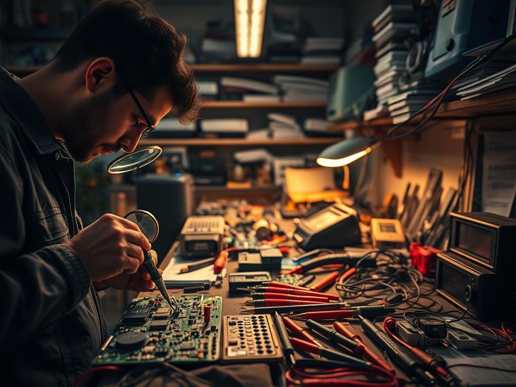 a dimly lit electronics repair workshop, filled with intricate machinery and tools. in the foreground, a technician carefully disassembles a circuit board, scrutinizing each component with a magnifying glass. the middle ground showcases an array of soldering irons, multimeters, and other specialized equipment, neatly organized on a cluttered workbench. in the background, shelves loaded with spare parts and manuals create a sense of depth and the accumulated knowledge required for effective electronics maintenance. warm task lighting casts a soft glow, creating an atmosphere of focused problem-solving and dedication to extending the life of cherished devices.