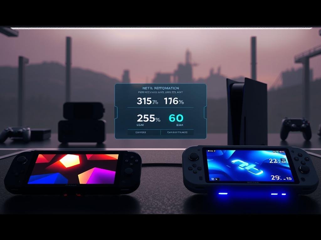 A dimly lit, futuristic gaming setup showcases a side-by-side performance comparison. In the foreground, a sleek, high-end handheld gaming device with a large, vibrant display. Beside it, a next-generation console radiates a soft, ambient glow. The middle ground features a detailed, holographic interface, projecting performance metrics and frame rate comparisons between the two systems. The background is a moody, industrial landscape, with the faint silhouettes of other gaming devices, hinting at the breadth of the portable gaming revolution. Dramatic lighting and a cinematic camera angle convey the gravity of the decision facing the gamer, as they contemplate the performance tradeoffs between mobility and power.