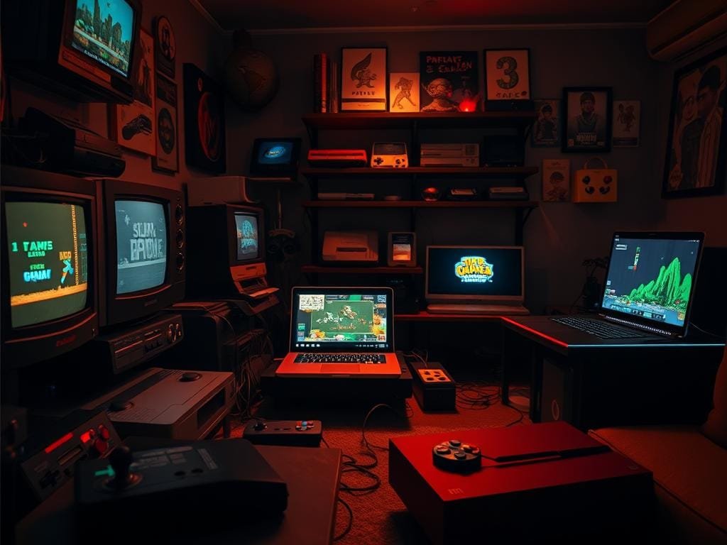 A dimly lit game room, the glow of retro gaming emulators casting a nostalgic hue. An array of vintage game consoles, their pixelated screens showcasing classic titles, surrounded by tangled cables and glowing LED accents. In the foreground, a well-worn joystick and a classic game cartridge, hinting at the endless hours of entertainment. The middle ground features a sleek, modern gaming laptop, its display mirroring the retro visuals, symbolizing the convergence of old and new. In the background, shelves lined with retro gaming memorabilia, a testament to the enduring appeal of these beloved platforms. The entire scene is bathed in a warm, sepia-toned lighting, evoking a sense of timelessness and a reverence for the golden age of gaming.