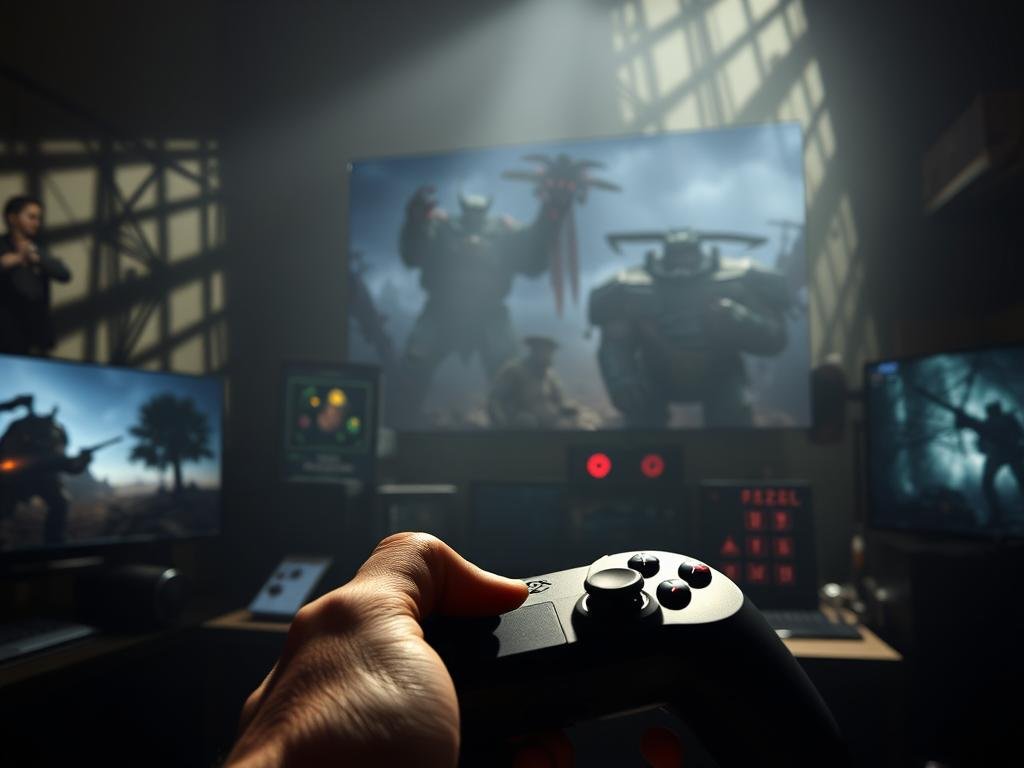 A dimly lit gaming den, with shadows dancing across the walls. In the foreground, a player's hand grips a game controller, fingers poised for action. The middle ground showcases a variety of gaming challenges, from towering bosses to intricate puzzles, all rendered in a gritty, realistic style. The background is hazy, conveying a sense of focused intensity, as the player contemplates their next move. Cinematic lighting casts dramatic shadows, heightening the tension and immersion. The overall mood is one of strategic contemplation, where the gamer's skill and determination are the keys to overcoming the toughest gaming obstacles.