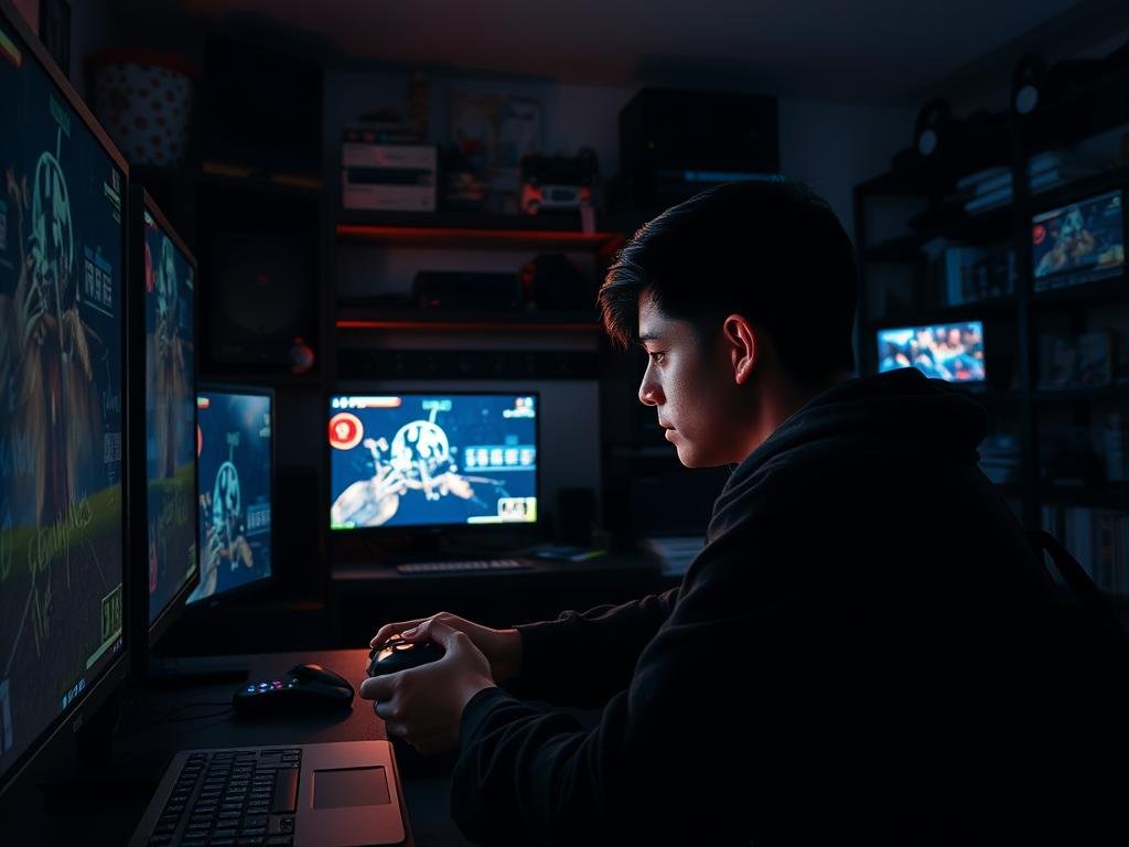 A dimly lit gaming room, filled with the glow of multiple screens. In the foreground, a player hunched over a controller, brow furrowed in concentration as they navigate a challenging level. Surrounding them, an array of tactful strategies and notes scribbled on whiteboards, hinting at the player's methodical approach to conquering this gaming obstacle. In the background, shelves packed with gaming consoles and collectibles, casting long shadows that create a sense of depth and the player's immersion in their craft. Soft, warm lighting illuminates the scene, casting a contemplative mood over the strategic planning and problem-solving unfolding before the viewer.
