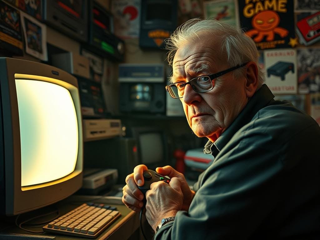 A dimly lit gaming room, the flickering light of a CRT monitor casting a warm glow on the face of an elderly gamer, their weathered hands gripping a vintage game controller. The backdrop is a collage of retro gaming memorabilia, consoles, and posters, evoking a sense of nostalgia. The room is cluttered with the accumulated paraphernalia of a lifetime of gaming, a testament to a lifelong passion. The gamer's expression is one of intense focus, their eyes narrowed in concentration, the years of experience shining through. The image conveys the profound impact that gaming has had on this individual's life, the way it has shaped their identity and provided a source of joy and fulfillment throughout their journey.